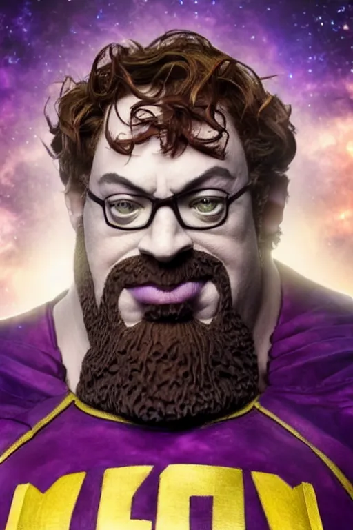 Prompt: Sam Hyde cosplaying as Thanos, close-up, sigma male, rule of thirds, award winning photo, unreal engine, studio lighting, highly detailed features, interstellar space setting