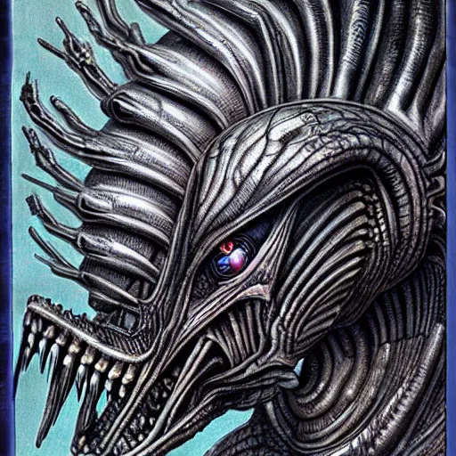 Prompt: an alien dragon by HR Giger