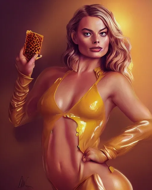 Prompt: margot robbie as honey, made of honey, wearing honey, award winning honey photography, extremely detailed, artstation, 8 k, sensual lighting, incredible art, wlop, artgerm