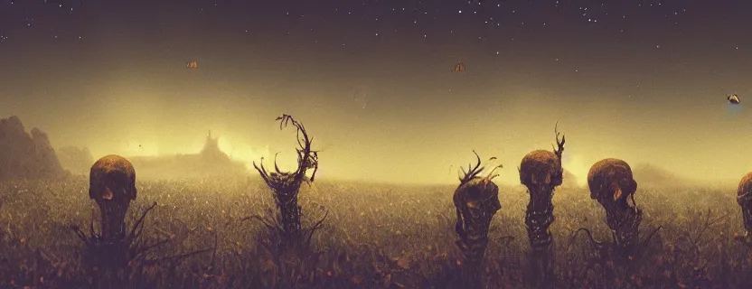 Image similar to landscape photo of mysteriously adorned skulls with fireflies in a barren landscape, by Beksinski and Greg Rutkowski and Giger and Lovecraft, cinematic, cinematic lighting, 4K, trending on artstation, photorealistic, cineovision