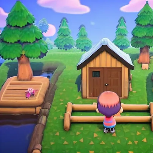 Image similar to a photo of a Eerie cabin in the middle of the woods in the style of Animal Crossing new horizons, gameplay footage