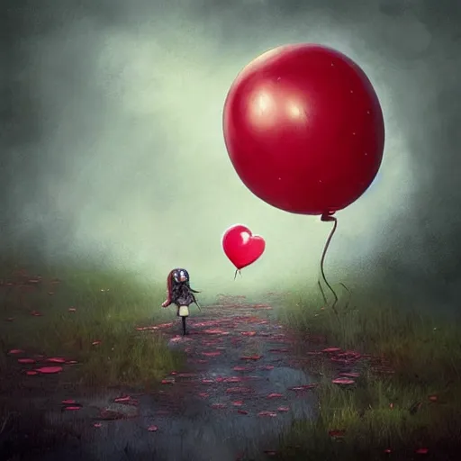 Image similar to grunge cartoon landscape painting of bilie eilish with a wide smile and a red balloon by - michal karcz, loony toons style, pennywise style, horror theme, detailed, elegant, intricate