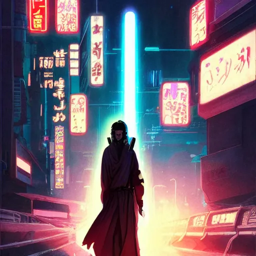 Image similar to Jedi in future japan at night, Neon Lights, High contrast concept art, fine details, studio ghibli, cinematic lighting, ghost-in-the-shell, cyberpunk,sci-fi, fantasy, intricate, elegant, highly detailed, digital painting, trending on artstation, concept art, smooth, sharp focus, illustration, by james gurney and greg rutkowski