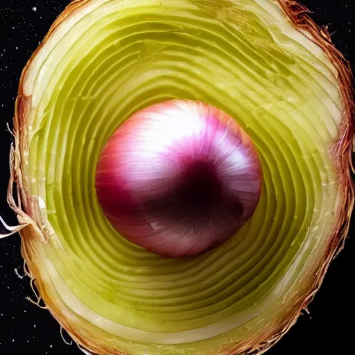 Prompt: the universe evolving causally depicted as layers on an onion, highly detailed