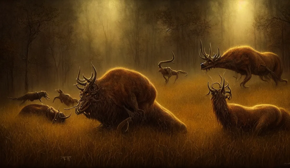 Prompt: epic professional digital art of hungry eyes, ambient golden light, painted, mysterious, cinematic prairie terrifying animals scene, eerie, mythic, detailed, intricate, grand, leesha hannigan, wayne haag, reyna rochin, ignacio fernandez rios, mark ryden, van herpen, artstation, cgsociety, epic, stunning, gorgeous, wow wow detail