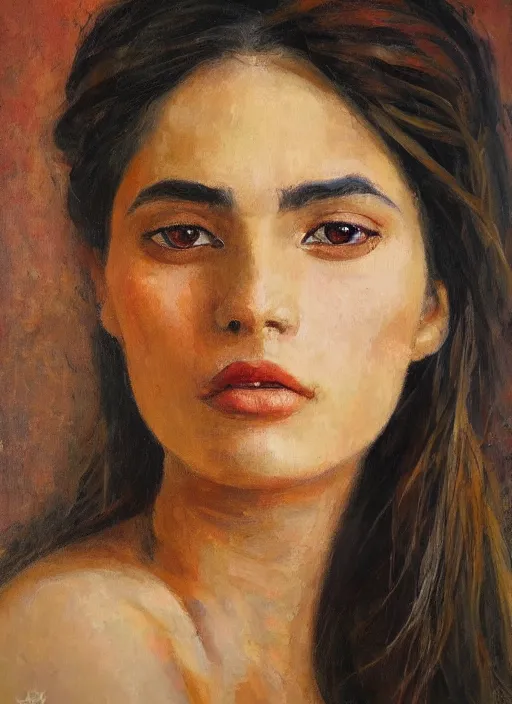 Prompt: detailed portrait in daring femininity, ethnic, statuesque, confident face, warm glow, bathed in morning light, captured memory, painterly, radiosity, impressionism, warm earthy natural color scheme with contrasting highlights, modern fashion, contemporary art, deep rich hues, oil on canvas