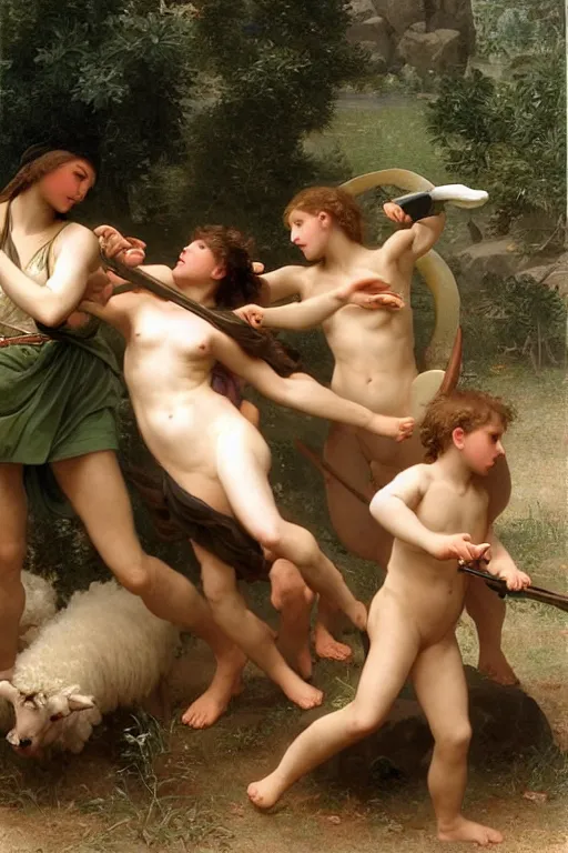 Image similar to battling Spartans against sheep in the style of  William Adolphe Bouguereau