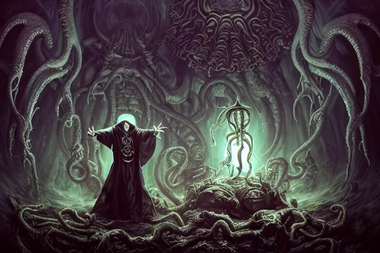 Prompt: hype realistic photorealistic hyperdetailed detailed group circle of pope priest necromancer invoking a in front of a cthulhu within a viscosity fluid lovecraft portal, wide - angle portrait, atmospheric lighting, intricate, volumetric lighting, rich deep colors masterpiece, ultra detailed, leesha hannigan, ross tran, thierry doizon, kai carpenter, ignacio fernandez rios