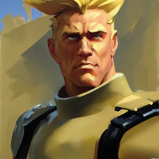 Image similar to greg manchess portrait painting of partially armored guile from street fighter as overwatch character, medium shot, asymmetrical, profile picture, organic painting, sunny day, matte painting, bold shapes, hard edges, street art, trending on artstation, by huang guangjian and gil elvgren and gerald brom