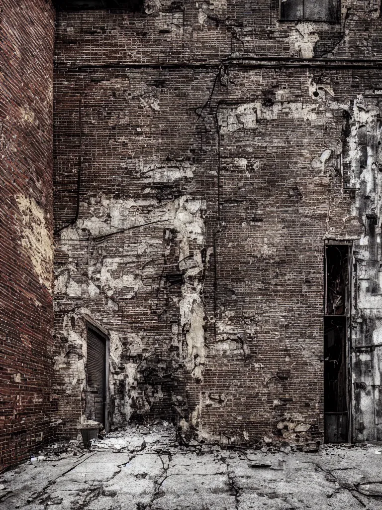 Image similar to photograph of a grunge dirty alley, bullet holes, wall brick concrete plaster eroded worn, riddled with bullet holes, dark dramatic lighting, hyper-realistic, ultra-realistic, intricate details, 4k, unreal 5, digital art