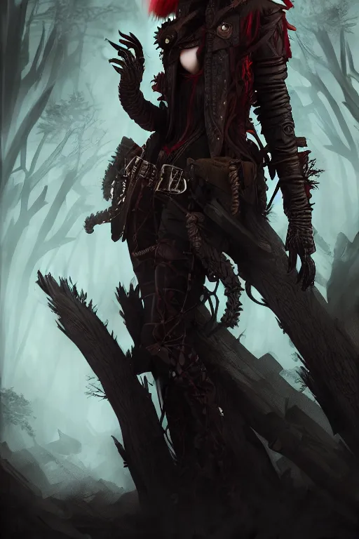 Prompt: dramatic atmospheric dark forest scenery, girl with vampire-fangs in hide leather armor, hyperdetailed, artstation, cgsociety, 8k