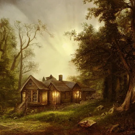 Image similar to a painting of a eerie cabin in the middle of the woods in the style of andreas achenback