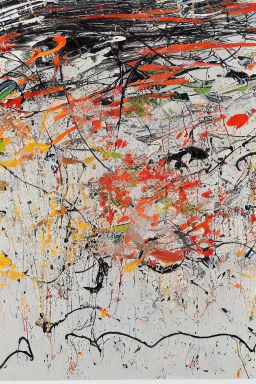 Image similar to sunrise over a japanese shrine by pollock and julie mehretu, abstract art, paint drops and lines, hyper detailed, rough white canvas