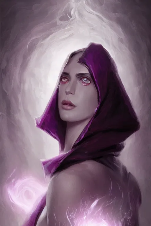 Prompt: white horns djinn human mix, black hair , portrait, concept art, purple and white thich cloak, single face, illustration, costume design, editorial photo, fashion, hyperrealism, realism, trending on artstation, Charlie Bowater, WLOP