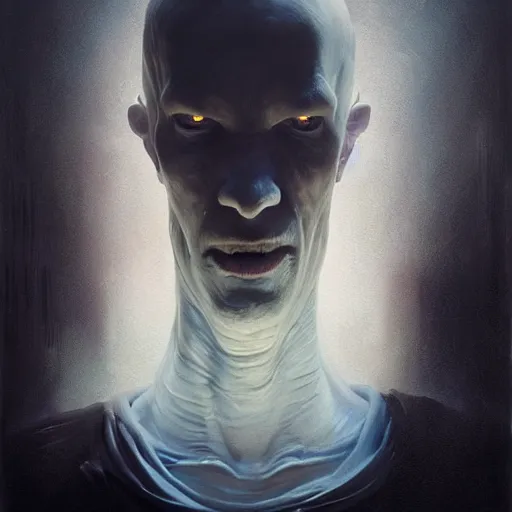 Prompt: portrait of a pale alien cultist, intimidating man, large fish eyes, high forehead, smooth waxy skin, slick clammy skin, ominous, eldritch. oil painting by nuri iyem, james gurney, james jean, greg rutkowski, highly detailed, soft lighting, chiaroscuro