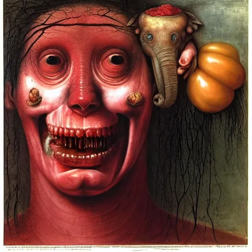 Prompt: a boy like eraserhead and elephant man sitting in a tub full of tomato sauce, looking straight into camera, screaming in desperation, by giuseppe arcimboldo and ambrosius benson, renaissance, fruit, intricate and intense oil paint, a touch of beksinski and hr giger, realistic