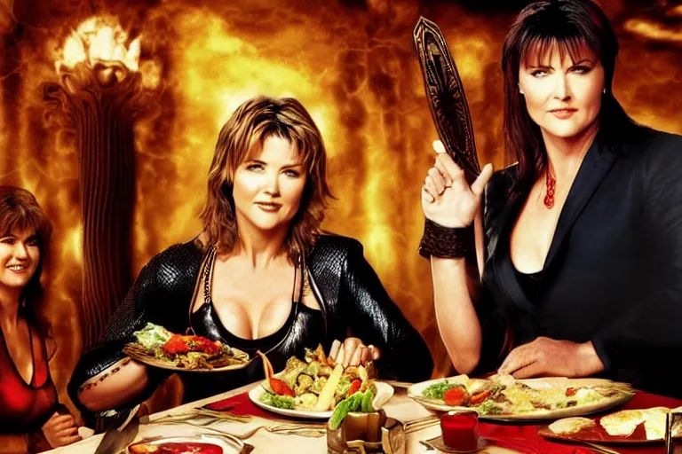 Image similar to lucy lawless, as xena warrior princes, s eating at a restaurant, with a handsome cuban man wearing a suit, digital art