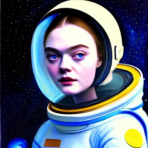 Prompt: portrait of a elle fanning wearing a spacesuit in the dark depths of space, detailed realism face in painting, detailed beautiful portrait, oil painting masterpiece, 8 k resolution, smooth, sharp focus, trending on artstation, by johannes vermeer