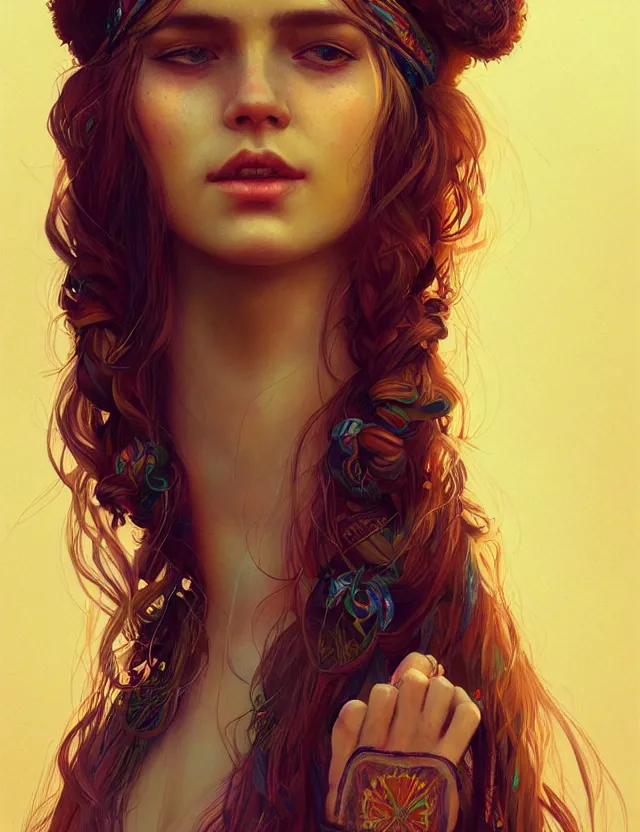 Prompt: portrait of a young woman wearing boho clothing, hippie girl, long hair, groovy hairband, bangs, intricate, smooth, groovy lighting, highly detailed, digital painting, artstation, concept art, smooth, sharp focus, illustration, art by wlop, mars ravelo and greg rutkowski