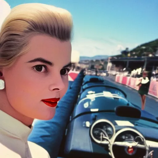 Prompt: selfie smartphone photo of a young Grace Kelly at the 2022 Monaco Gran Prix, F1 cars blurred in background, iphone photo, smartphone resolution, low resolution camera