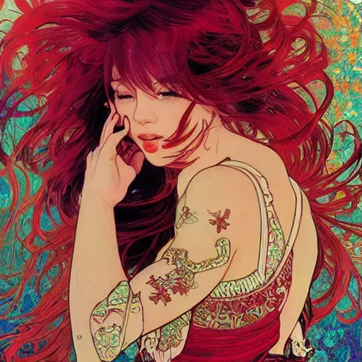 Prompt: a beautiful dancer with red hair in 1970's fashion, in disco room, intricate, highly detailed, digital painting, artstation, official media, anime key visual, concept art, rich vivid colors, ambient lighting, sharp focus, illustration, art by Ayami Kojima and alphonse mucha