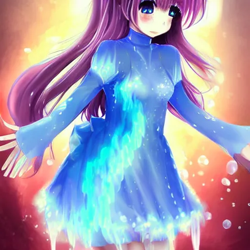 Prompt: advanced digital art a very cute anime girl wearing a dress made of water turning into mist standing in a crystal lake full body WLOP RossDraws Totorl Sakimimichan