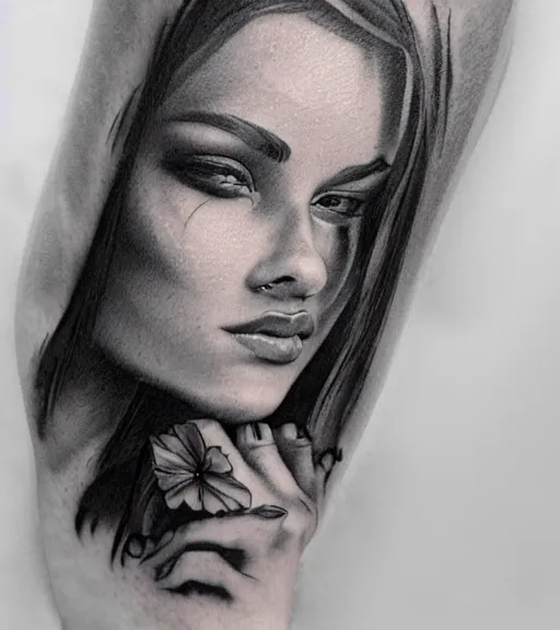 Image similar to tattoo design sketch of a beautiful girl with a faded mountain background, in the style of den yakovlev, black and white, realism tattoo, hyper realistic, highly detailed