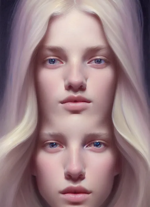 Image similar to symmetrical face!! portrait of young woman blessed with ever - increasing physical and mental perfection, realism, blonde hair, perfect face!! intricate, elegant, highly detailed, vision of holy perfection!! digital painting, artstation, concept art, smooth, sharp focus, illustration, humanity, art by artgerm and greg rutkowski and alphonse mucha