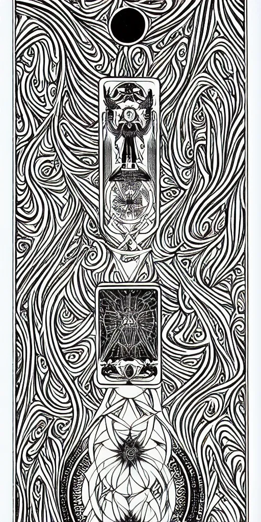 Prompt: a beautiful black and white fractal tarot card featuring bold occult imagery with clean lines. labrador. detailed adult coloring book