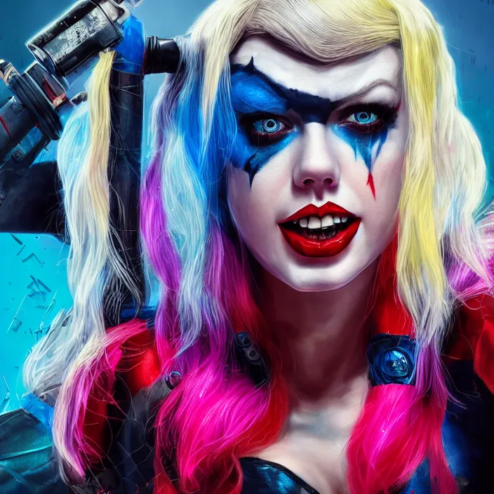 Image similar to portrait of Taylor Swift as a harley quinn in Suicide Squad. intricate abstract. intricate artwork. by Tooth Wu, wlop, beeple, dan mumford. octane render, trending on artstation, greg rutkowski very coherent symmetrical artwork. cinematic, hyper realism, high detail, octane render, 8k, iridescent accents