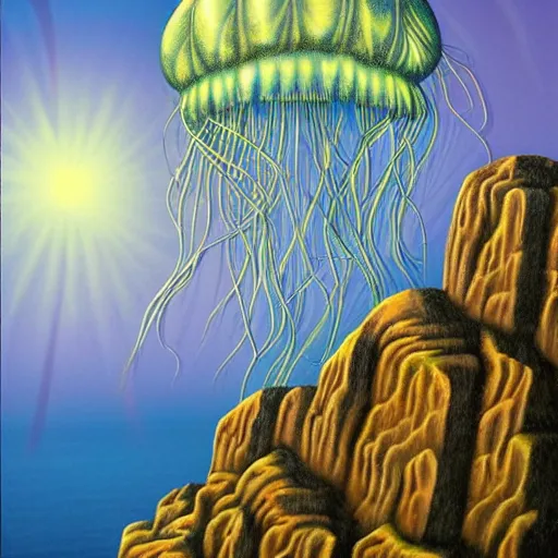 Image similar to jellyfish jumping up a mountain, alex gray