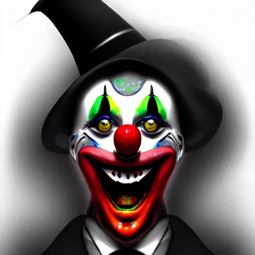 Prompt: close - up of a creepy clown, concept art, digital art, highly detailed