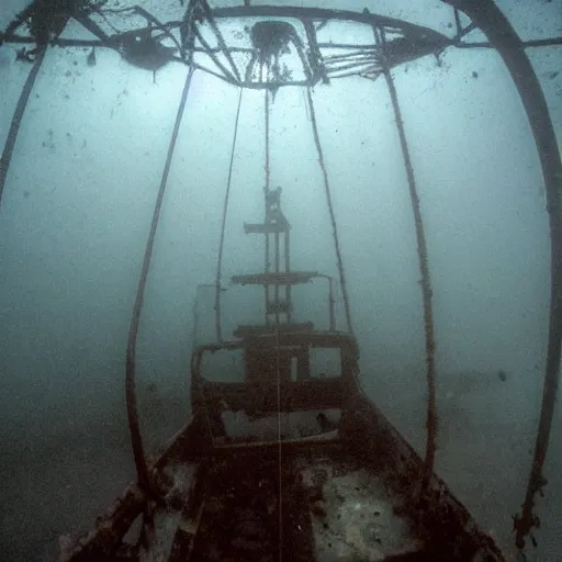 Prompt: the interior of a partially flooded rusty shipwreck, dark, scary lighting, scary, creepy, eerie, horror, submechanophobia, submerged machinery, photo,