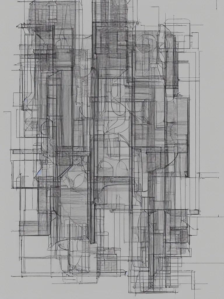 Prompt: Architecture blueprint copy, Carcosa. Vertical cut. Technical drawing