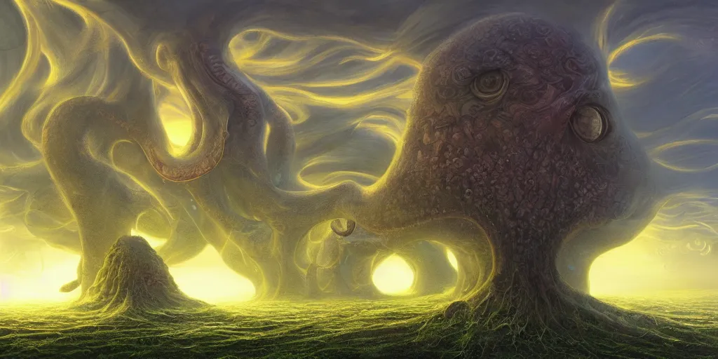 Prompt: Cthulhu, beautiful atmosphere, god rays, masterpiece digital painting by Gediminas Pranckevicius, Alex Gray, 4k wallpaper