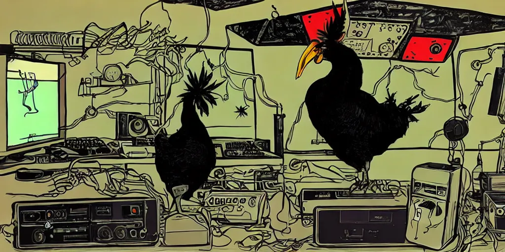 Image similar to 'black chicken'!!! smoking 'cannabis'!!!!!! in front of 'audio console'!!!! and 'multi monitors'!!!! 'in a hi-tech tv broadcasting studio'!!!!, artwork by James Gilleard