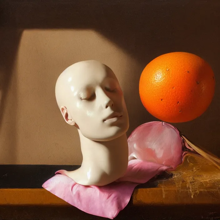 Image similar to still life painting of a melting glossy pink mannequin head, by pieter claesz, oil on canvas, strong lighting, highly detailed, peeled orange, dragon fruit, hyper realism, golden hour, god rays, hd, 4 k