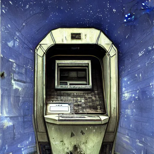 Prompt: detailed painting of a scifi abandoned atm, celestial ephemeral ornaments and art nouveau architecture, artstation, h. r giger, in africa, cinematic