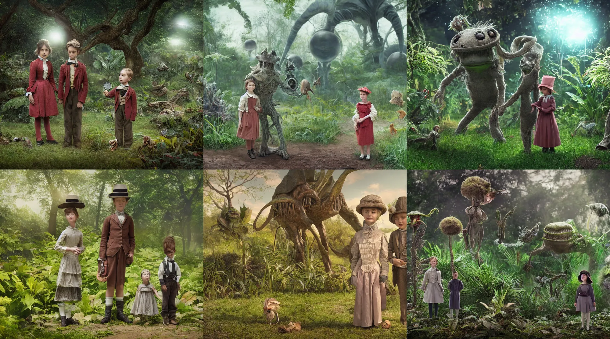 Prompt: detailed, sharp, a girl and a boy standing next to some strange wild alien plants, wearing 1860s era clothes, their small pet tiny alien creature is standing nearby, in a park on a strange alien planet, highly detailed, hyperrealism, award winning photograph, 4k, cinematic lighting