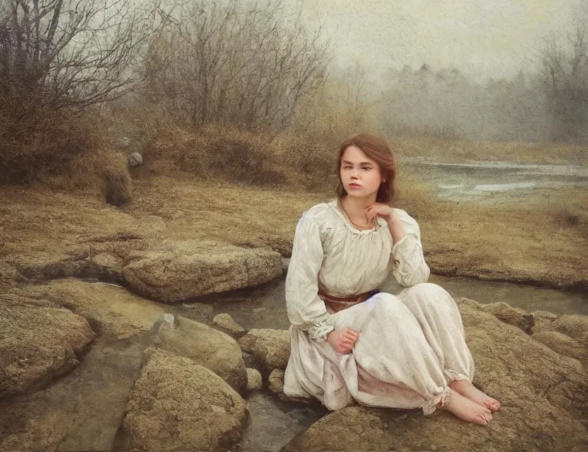 Image similar to peasant girl sitting on a stone by a shore of river, cottage core, cinematic focus, polaroid photo bleached vintage pastel colors high - key lighting, soft lights, foggy, by steve hanks, by lisa yuskavage, by serov valentin, by tarkovsky, 8 k render, detailed, oil on canvas