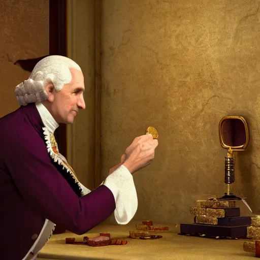 Image similar to a closeup photorealistic photograph of a happy George Washington inspecting small gold Doubloon coins at his home on Cherry Street. This 4K HD image is Trending on Artstation, featured on Behance, well-rendered, extra crisp, features intricate detail and the style of Unreal Engine.