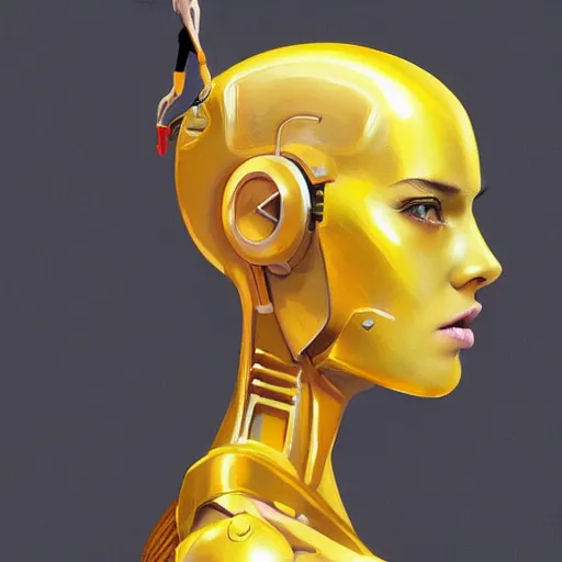 Image similar to A yellow skinned female android with half head shaved revealing metal robot head by Stanley Artgerm Lau, WLOP, Rossdraws, James Jean, Andrei Riabovitchev, Marc Simonetti, and Sakimichan, trending on artstation