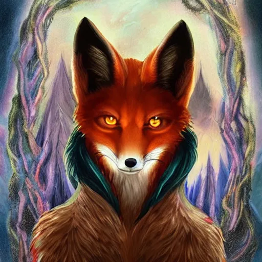 Image similar to a painted avatar portrait of an awesome powerful humanoid kitsune fox mage themed around life and death, in the style of dnd beyond avatar portraits, beautiful, artistic, elegant, lens flare, magical, lens flare, nature, realism, stylized, art by jeff easley