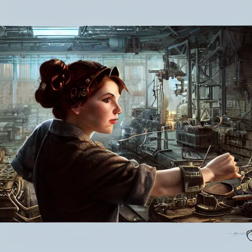 Image similar to A portrait of Rosie the Riveter, industrial setting, final fantasy, intricate digital painting, cinematic lighting, highly detailed, artstation, concept art, illustration, smooth, sharp focus, painting by Craig Mullins, artgerm , greg rutkowski, alphonse mucha, editor's pickup, trending on artstation, trending on deviantart, WLOP, 8k