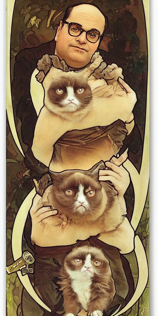 Image similar to “ george costanza from seinfeld holding grumpy cat, halo, art nouveau, extremely detailed, by alphonse mucha ”