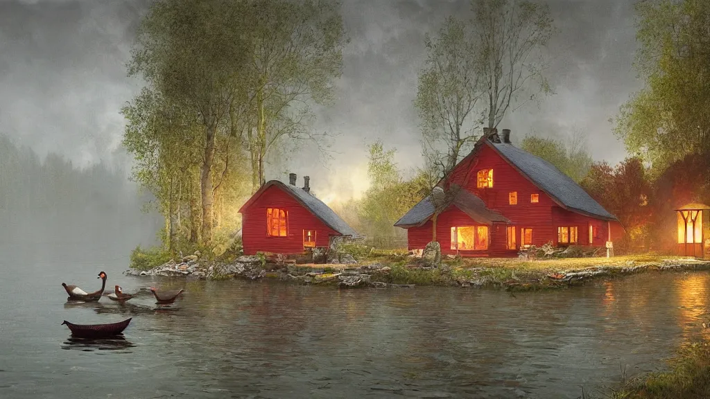 Image similar to small red wooden cottage by the lake, lanterns on the porch, smoke coming out of the chimney, dusk, birch trees, tranquility, two swans on the lake, two swans, a wooden rowing boat, by Greg Rutkowski, by Charlie Bowater