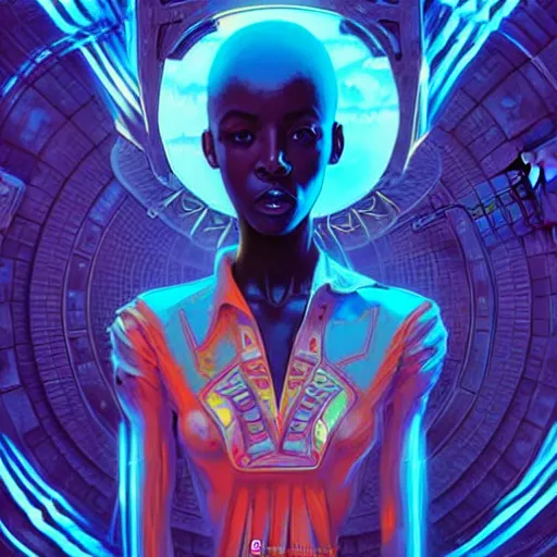 Image similar to african neon necromancer, science fiction, highly detailed, digital painting, beautiful eyes, symmetry, concept art, sharp focus, illustration, global illumination, radiant light, synthwave colors, detailed and intricate environment, art by artgerm and greg rutkowski and magali villeneuve and ilya kuvshinov!