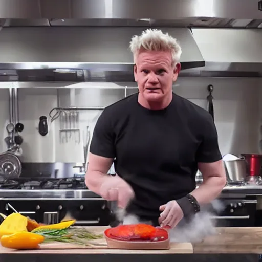 Image similar to hyper real Gordon Ramsey cooking a unicorn in kitchen 4k