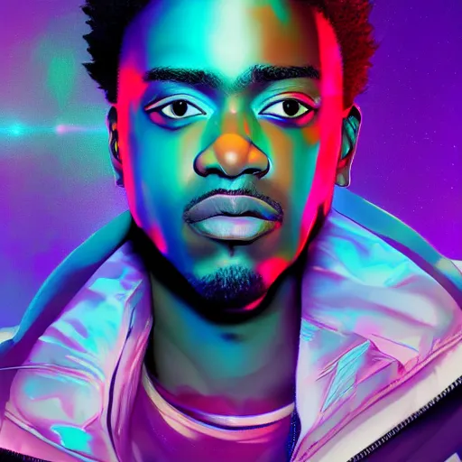 Image similar to synthwave, chromaatic, Juice WRLD face closeup, very detailed, detailed face, 4k