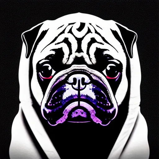 Image similar to a sad pug wearing a hoodie, the word ( sad ) is written on the hoodie in upper case letters, digital art, synthwave style, trending on artstation, matte painting